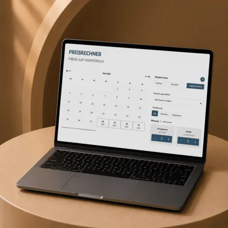 Laptop mit geöffneter Buchungsmaske und Preisrechner für Hotel auf beige-braunem Hintergrund (KI-generierter Inhalt)